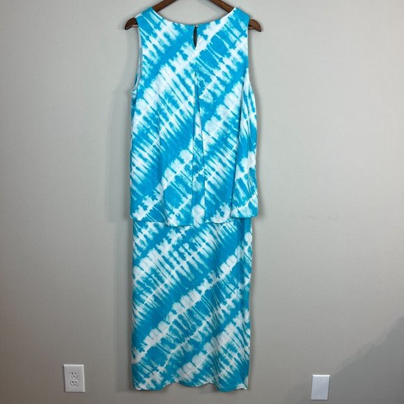 Chicos 2 Dress Large Blue Tie Dye Maxi Overlay Layered Flyaway Sleeveless Summer - Picture 6 of 11
